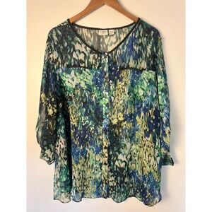 Cato 22/24 W Abstract Print Roll Tab Sleeve Button Front Blouse Blue Green